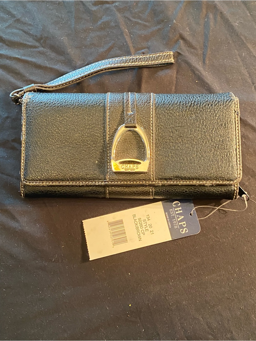 Chaps Black Leather Wristlet with Gold Stirrup Accent